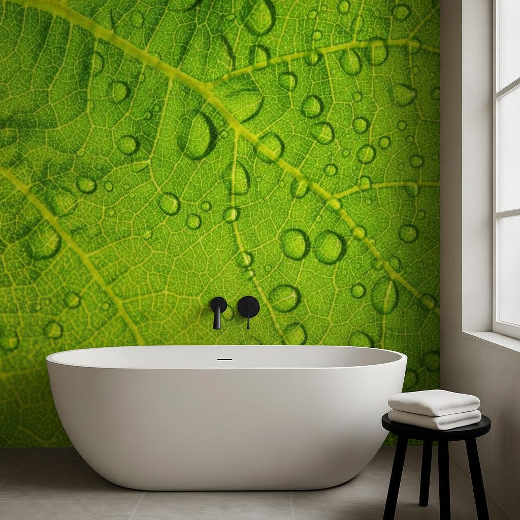 Gocce d'acqua su Foglia Verde in ambiente
