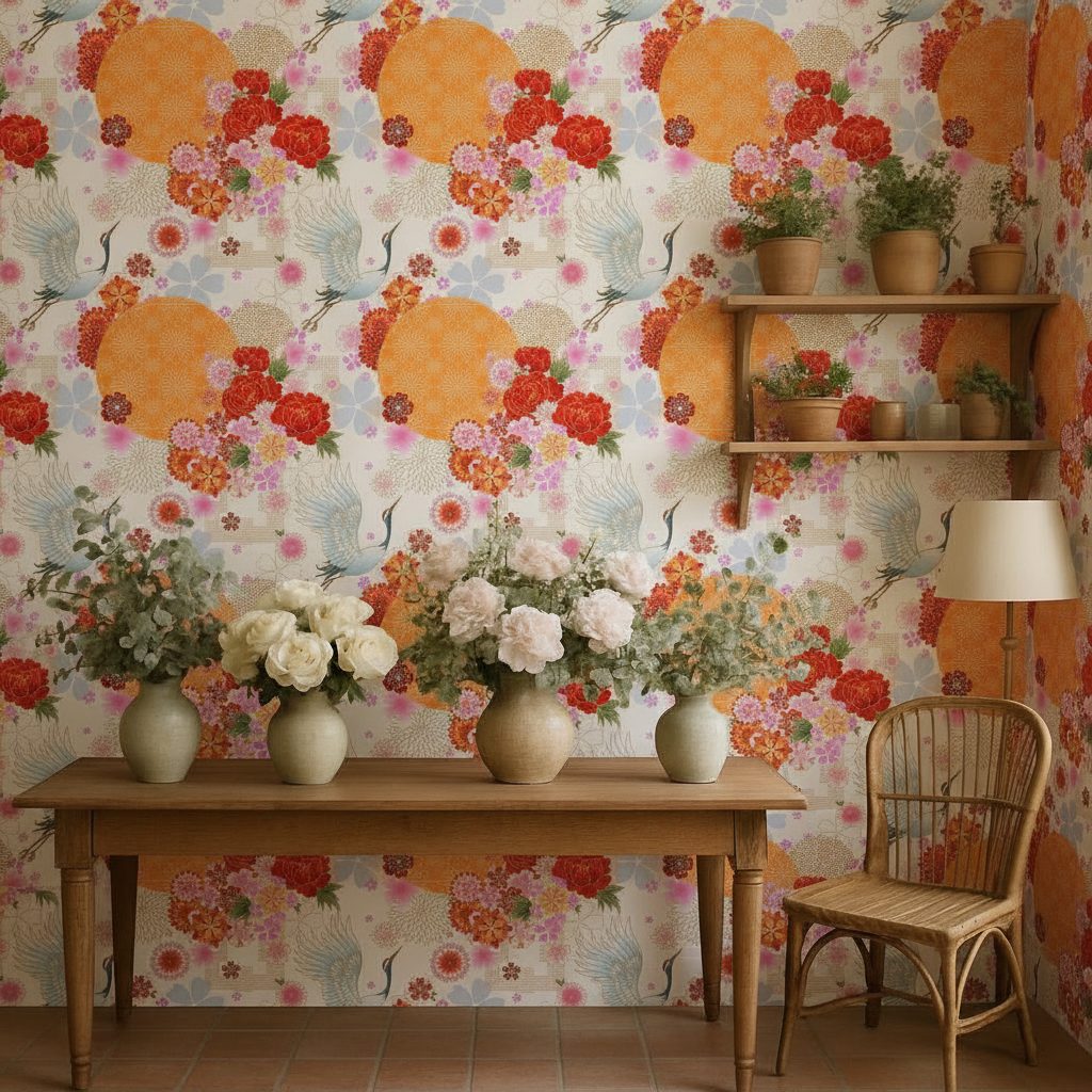 Pattern Giapponese Fiori Gru in ambiente
