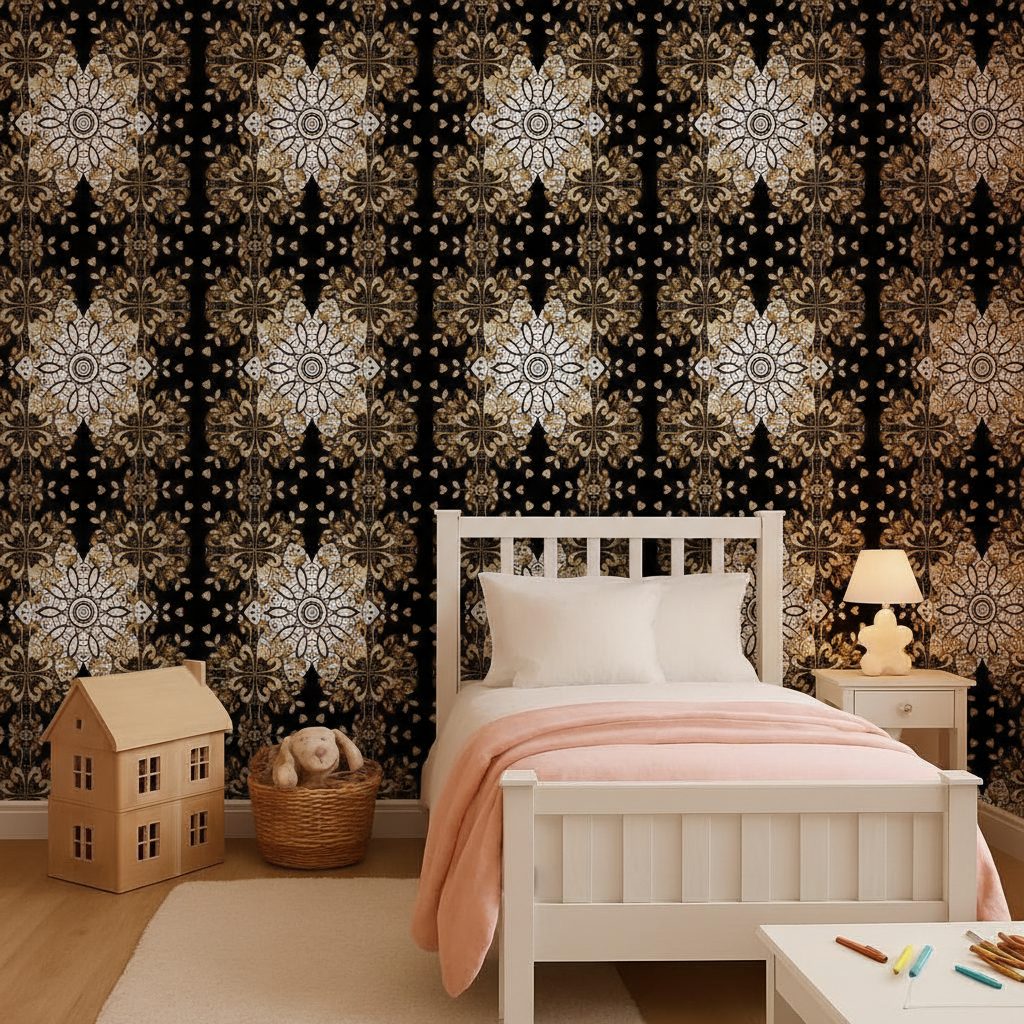 Fiocchi Neve Dorati su Nero in a room setting