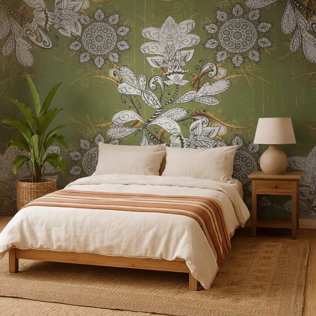 Decorazione Floreale Orientale Oro Verde in a room setting