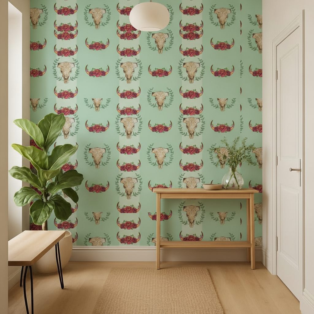 Teschio di Mucca Rose Boho in ambiente