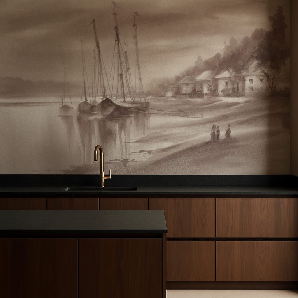 Paesaggio Fluviale Navi Acquerello Sepia in ambiente