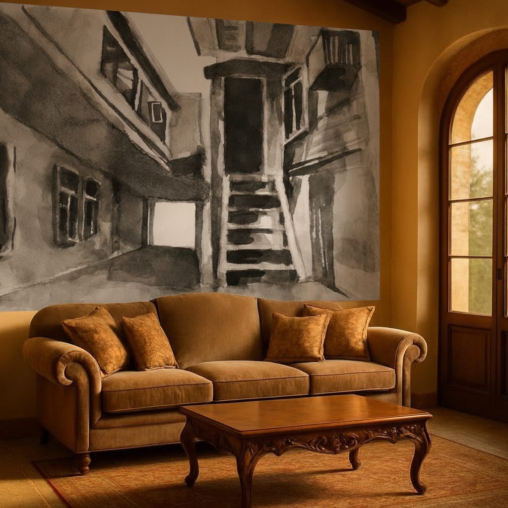 Cortile Disegnato Acquerello Nero in ambiente