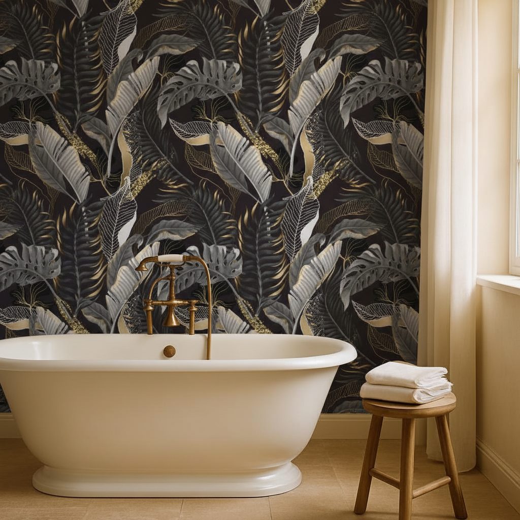 Foglie Tropicali Oro Bianco Nero in ambiente