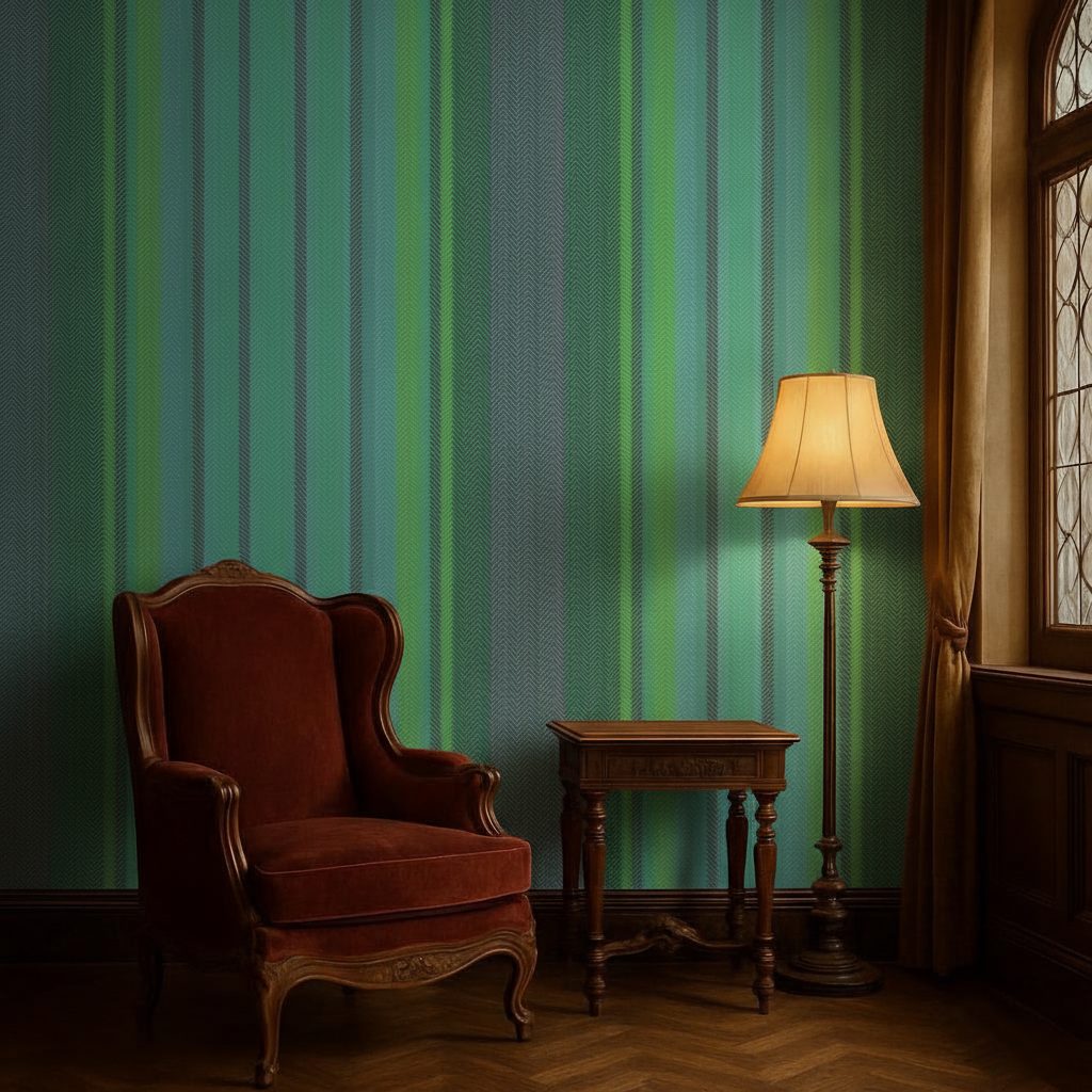 Linee Verticali Turchese e Viola in a room setting