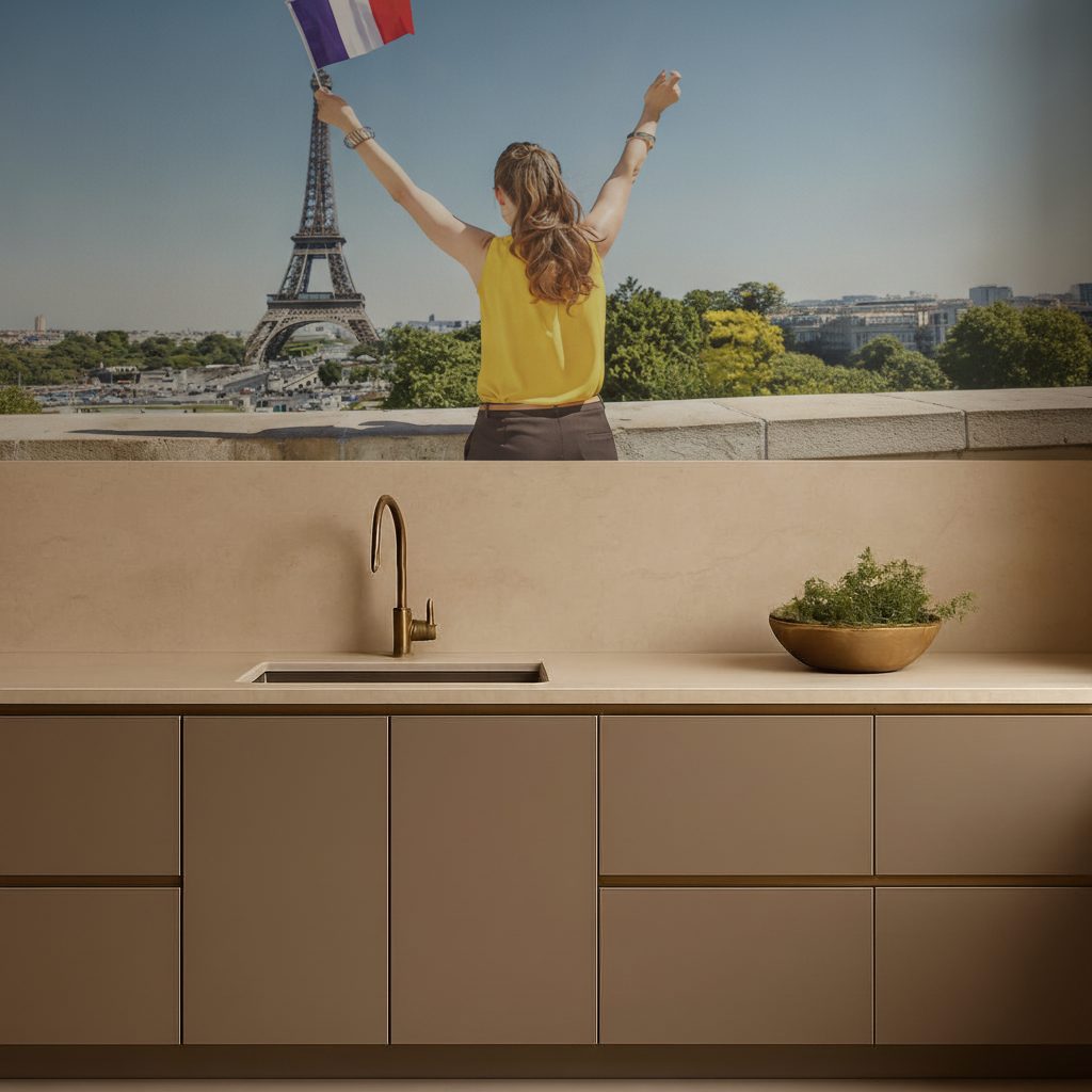 Donna Bandiera Francese Torre Eiffel in ambiente